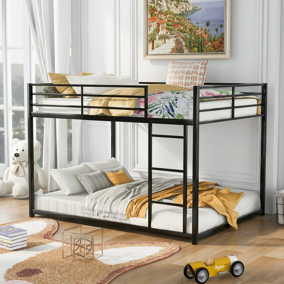 Euroco Metal Full over Full Size Bunk Bed Low Profile Bunk with Ladder and Full Length Guardrails for Kids Teens, Space-Saving Steel Bed Frame for Limited Room, Black