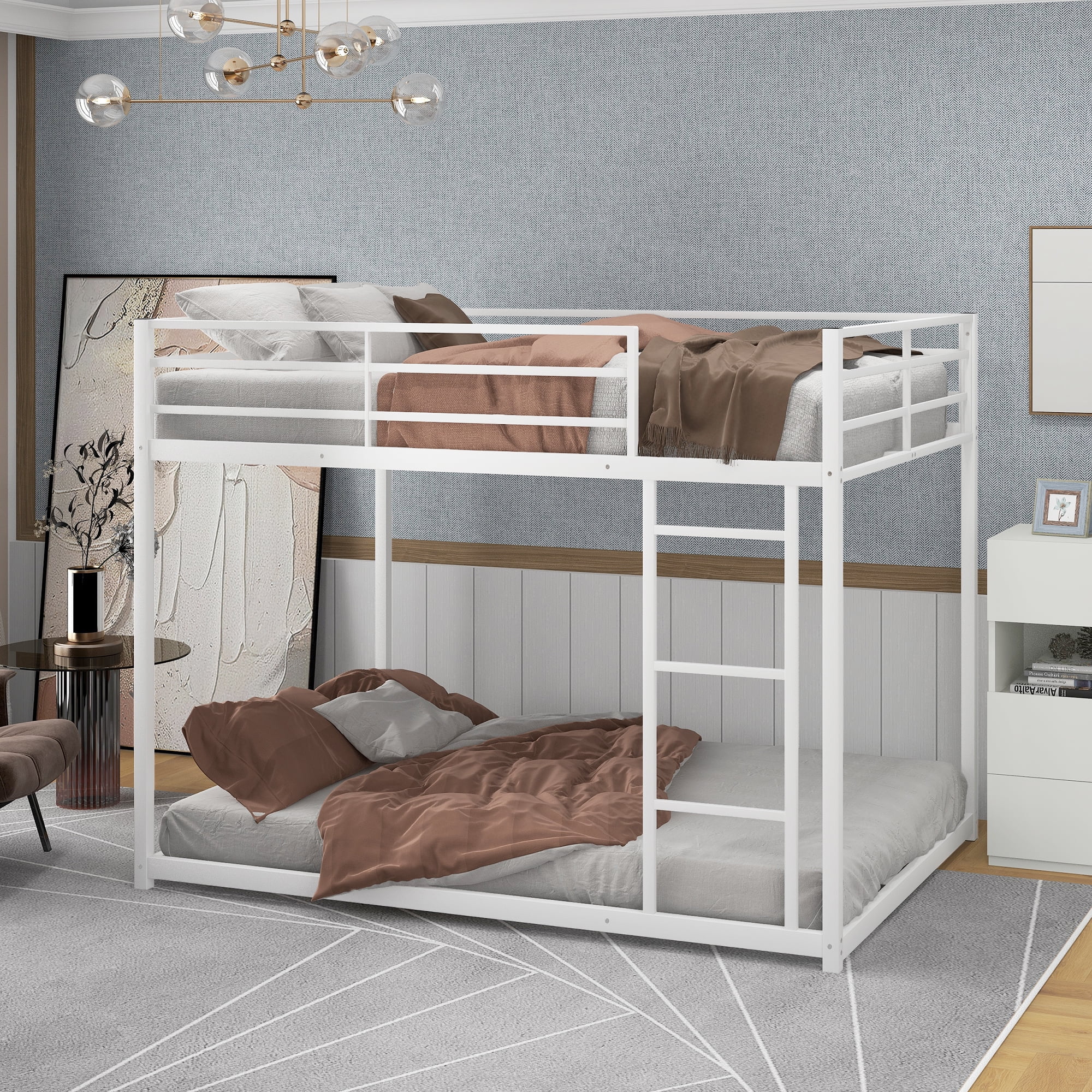 Euroco Metal Full Size Bunk Bed Low Profile Bunk with Ladder for Kids Teens, Space-Saving Steel for Limited Room, White