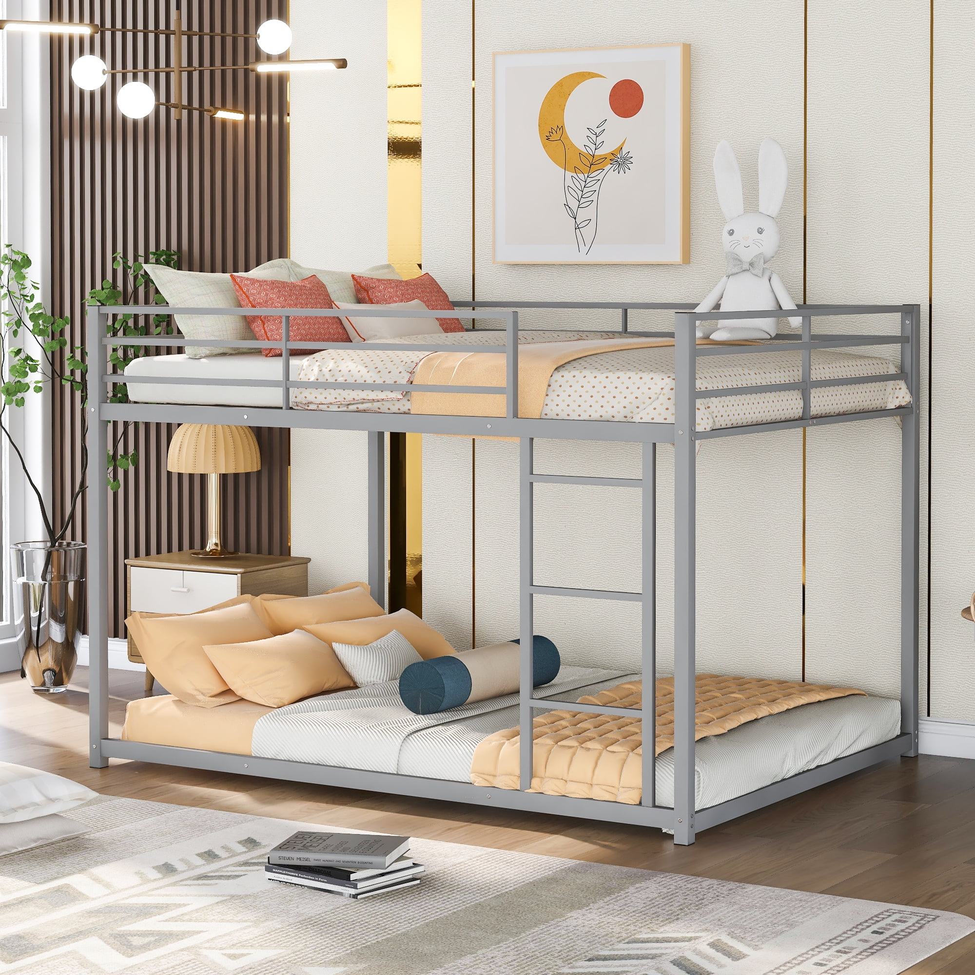 Euroco Metal Full over Full Size Bunk Bed Low Profile Bunk with Ladder and Full Length