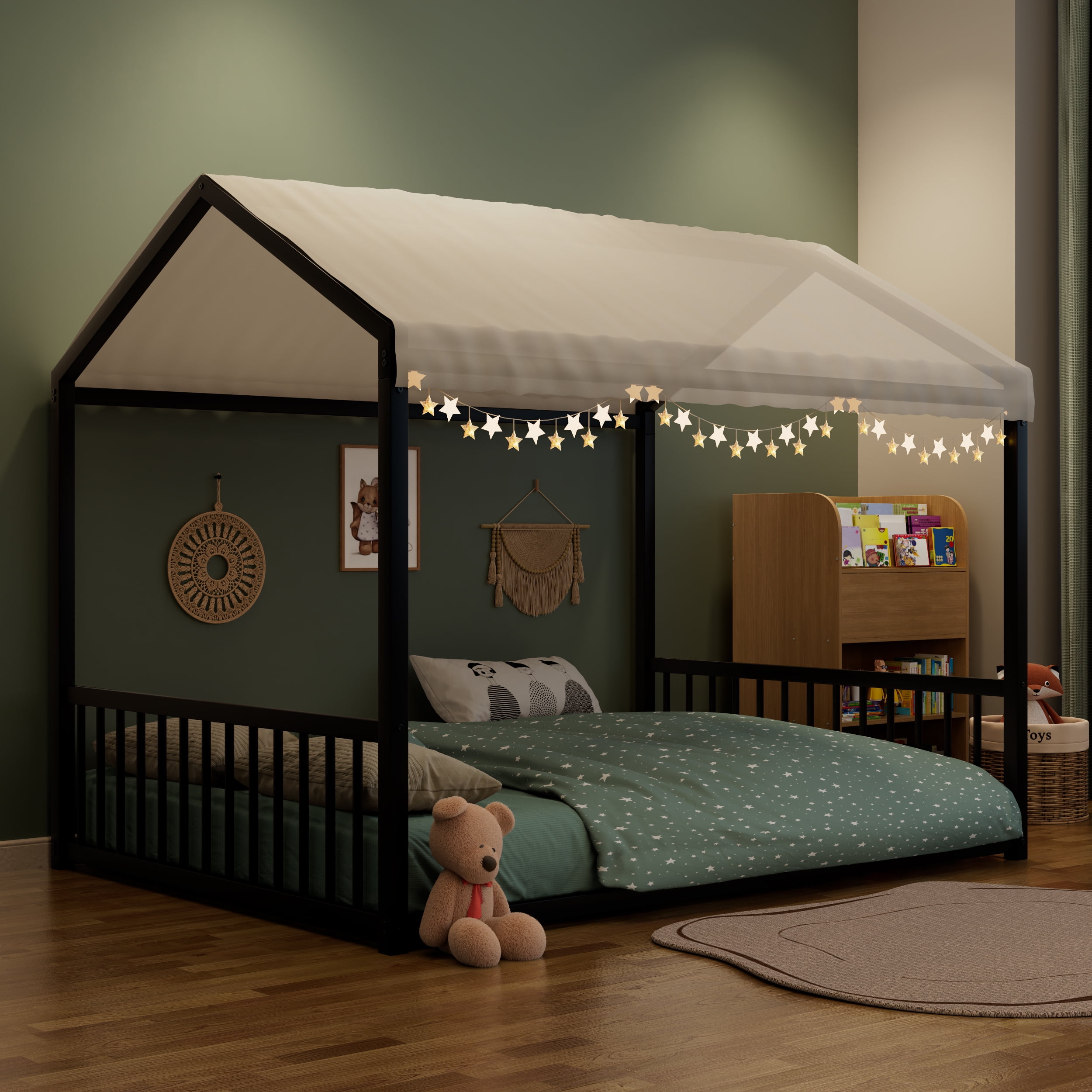 Euroco Metal Full Size Canopy Bed, Low Profile House Bed with Guardrails, Black