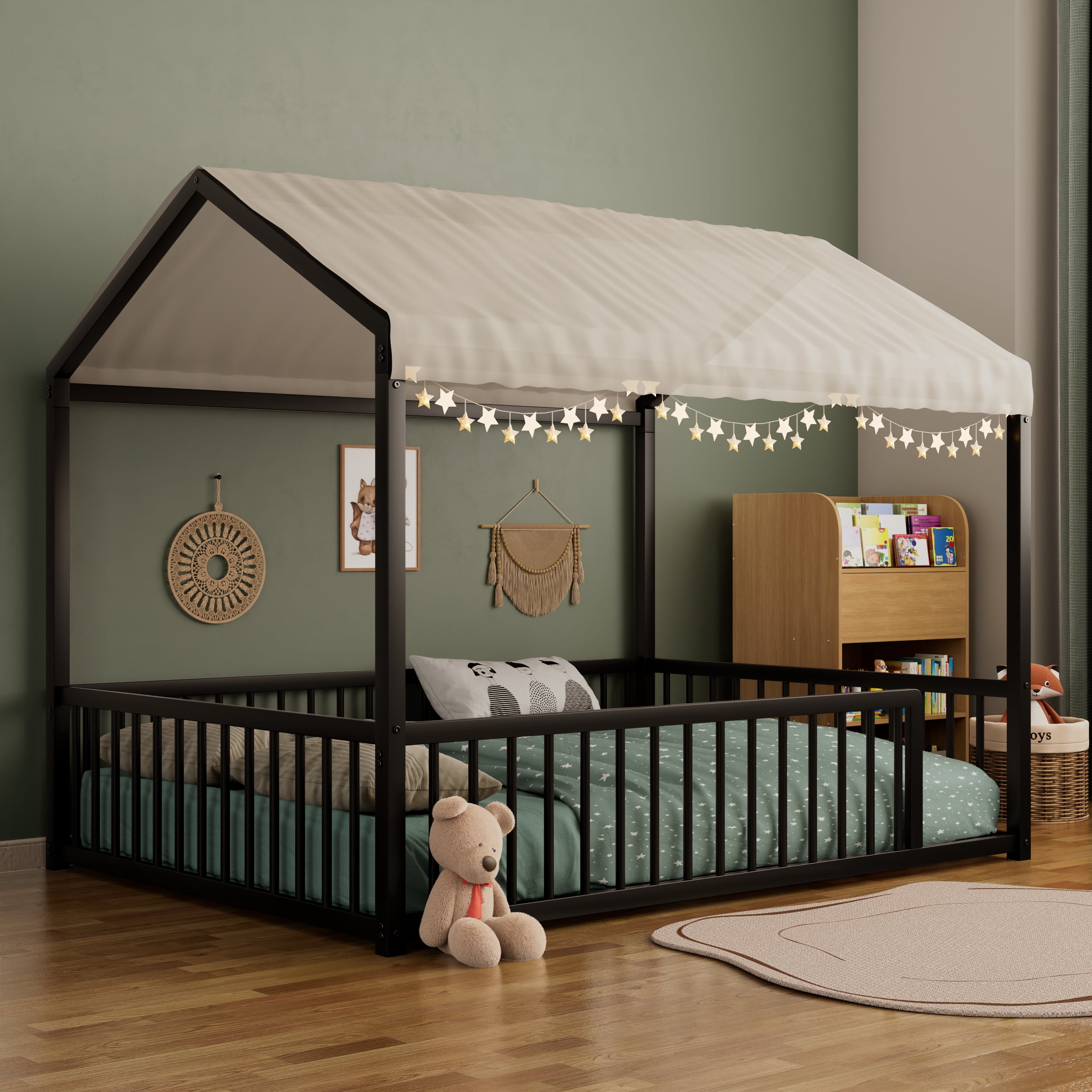 Euroco Metal Full Size Canopy Bed, Low Profile House Bed with Guardrails, Black