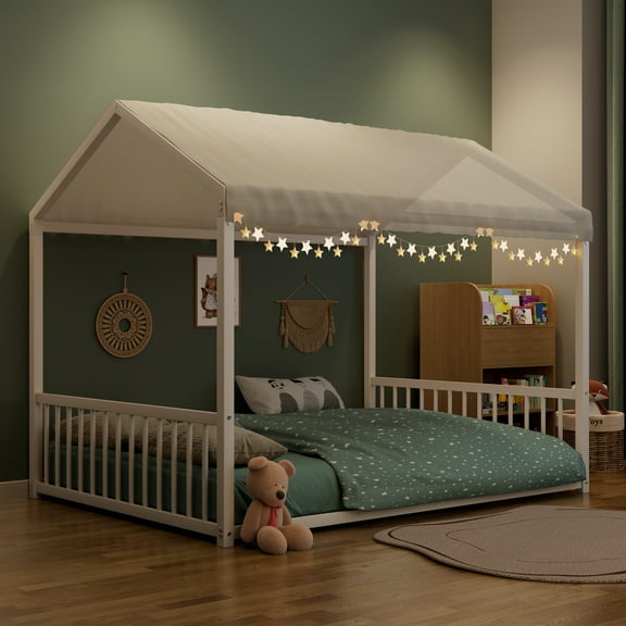 Euroco Metal Full Size Canopy Bed, Low Profile House Bed with Guardrails, White