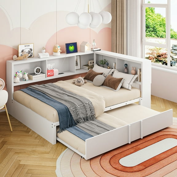 Euroco Metal Full Size Daybed with Shelves, Trundle and USB Charging, White