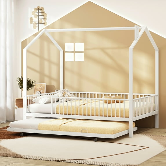Euroco Metal Full Size House Bed, Daybed with Trundle for Kids Teens, White
