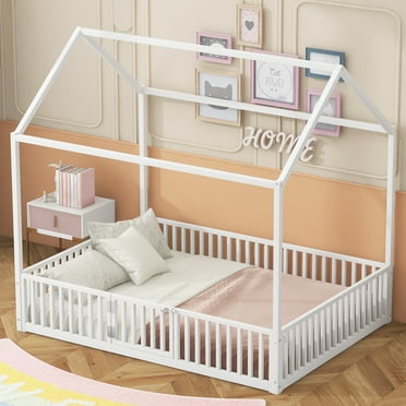 Euroco Metal Full Size House Bed Frame, Low Profile Canopy Bed with Fence and Door for Kids, White
