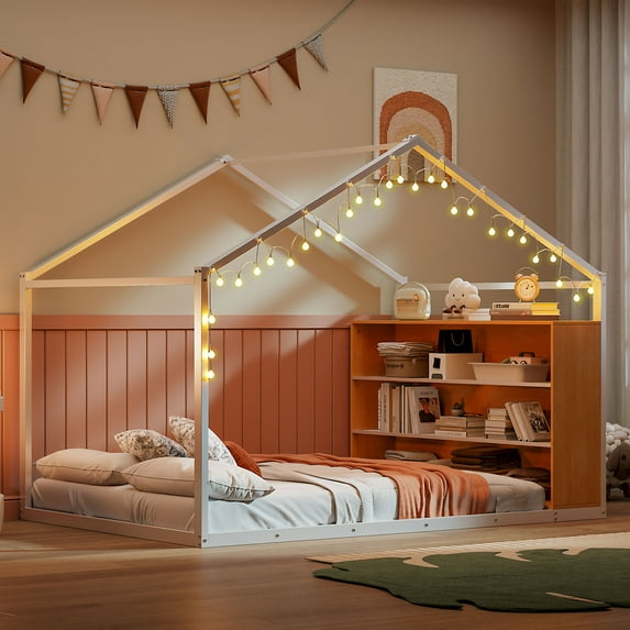 Euroco Metal Full Size House Bed with Storage Shelves and Lights, White