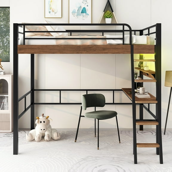 Euroco Metal Full Size Loft Bed with Built-in Desk, Gaming Bed with LED Light and Shelf for Bedroom, Black