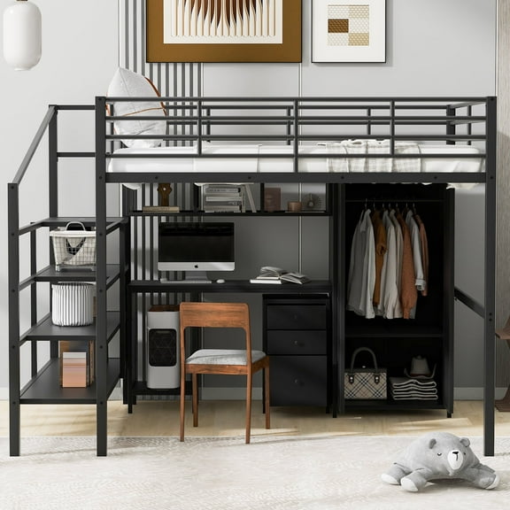 Euroco Metal Twin Size Loft Bed with Desk, Shelf and Clothes Hanger, Desktop for Storage, Black & White