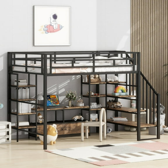 Euroco Metal Full Size Loft Bed with Desk and Cabinets, Storage Shelves and Staircase for Kids Teens, Black