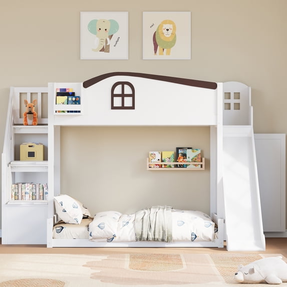 Euroco Wood Twin over Full Bunk Bed with Storage Staircase and Slide ...