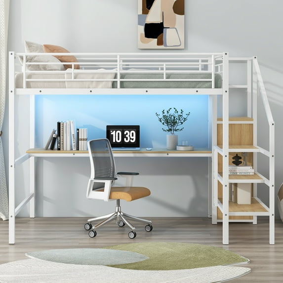 Euroco Metal Full Size Loft Bed with Desk and LED Light, Storage Staircase and Open Wardrobe, White