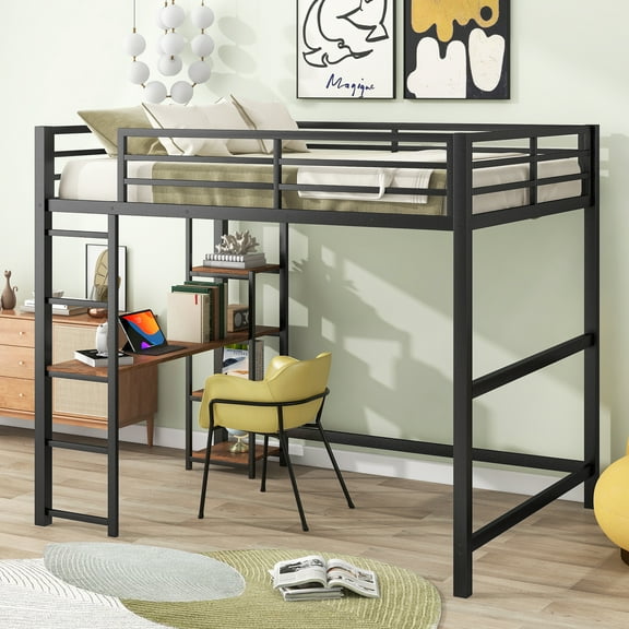 Euroco Metal Full Size Loft Bed with Desk and Shelves, Black