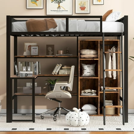 Euroco Metal Full Size Loft Bed with Desk and Shelves, Built-in Wardrobe for Kids Teens Adults