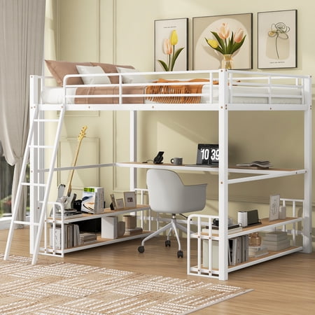 Euroco Metal Full Size Loft Bed with Desk and Shelves, Storage Bed with USB Charging Station for Kids Teens
