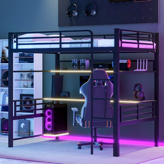 Euroco Metal Full Size Loft Bed with Desk and Shelves, Storage Gaming Bed with LED Light for Kids Teens