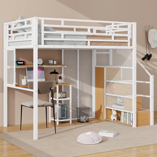 Euroco Metal Full Size Loft Bed with Desk and Shelves, Storage Wardrobe ...