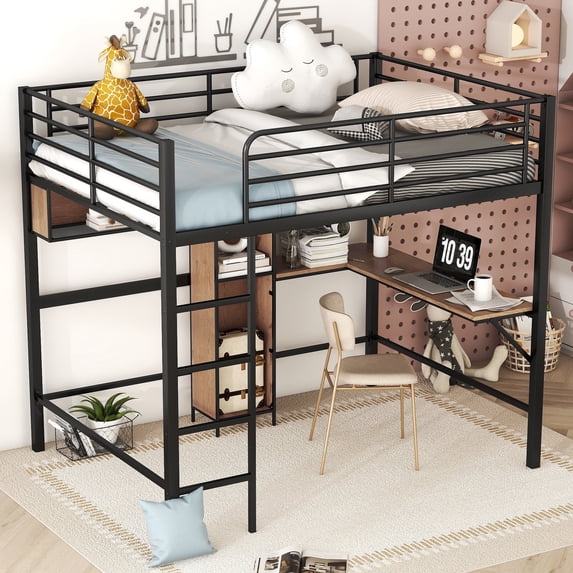 Euroco Metal Full Size Loft Bed with Desk and Shelves for Bedroom ...