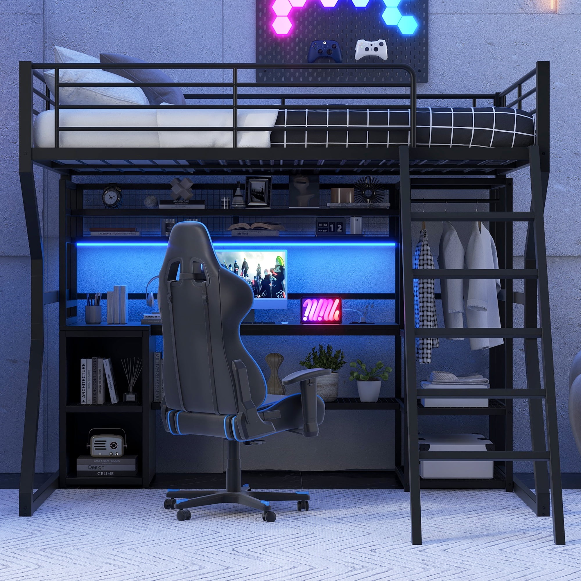Euroco Metal Full Size Loft Bed with Desk and Storage Shelves, Gaming ...