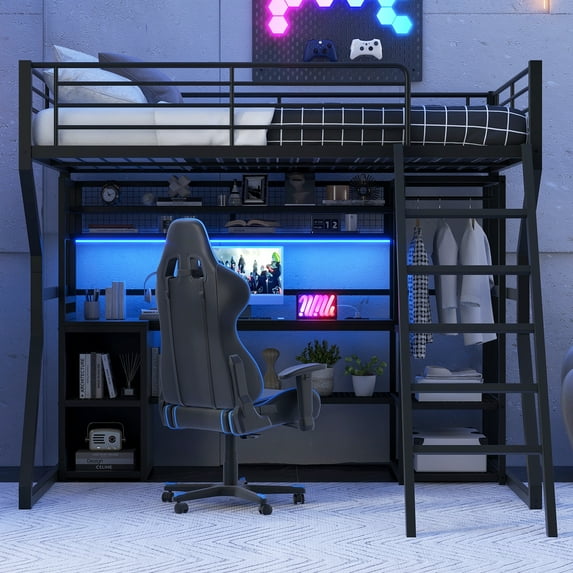 Euroco Metal Full Size Loft Bed with Desk and Storage Shelves, Gaming Bed with LED Light, Open Wardrobe and Grid Design