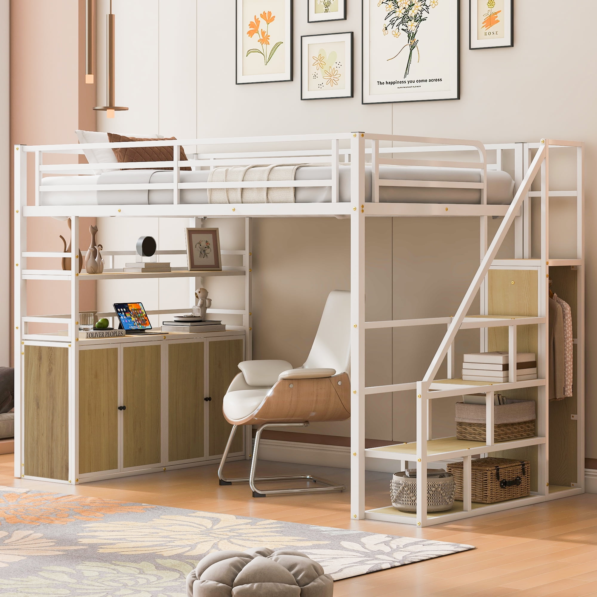 Euroco Metal Full Size Loft Bed with Desk and Wardrobe, Storage Staircase and Lockers for Kids Teens, White