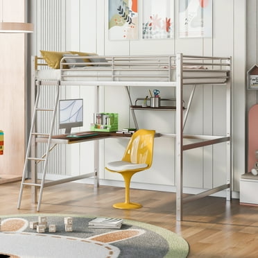 Euroco Metal Full Size Loft Bed with Desk for Kids, Solid Metal Bed with Shelf, Silver