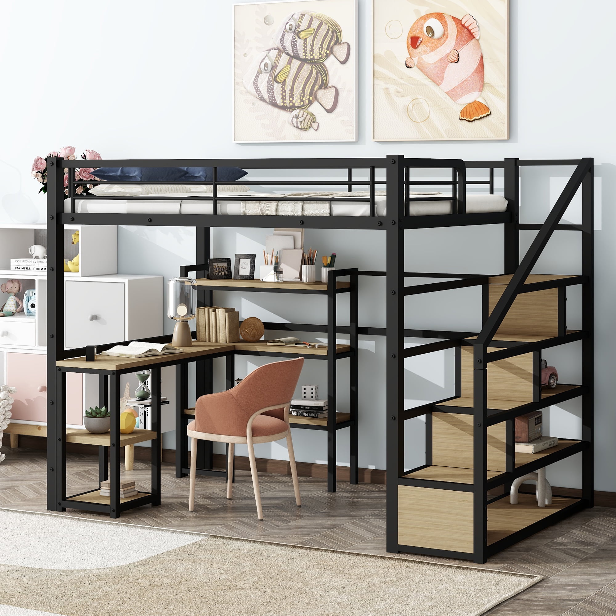 EUROCO Metal Full Size Loft Bed with Desk and Shelf, Storage Staircase ...