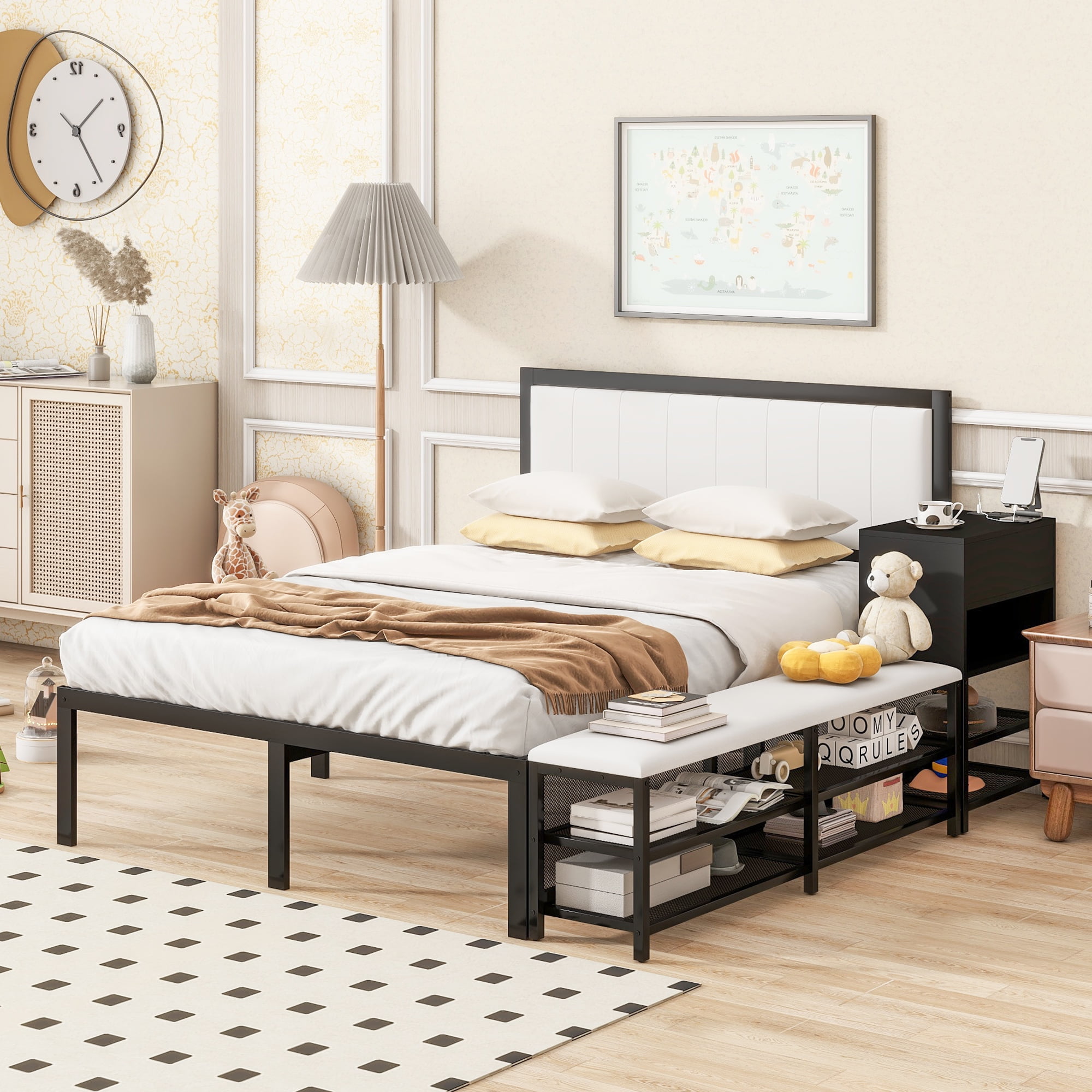 Euroco Metal Full Size Platform Bed with Storage Shleves and Ottoman, Black