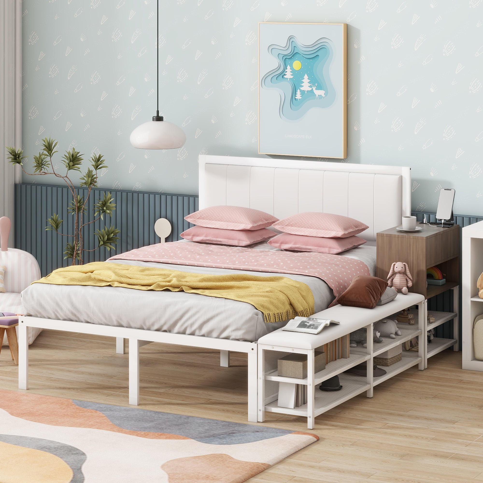 Euroco Metal Full Size Platform Bed with Storage Shleves and Ottoman, White