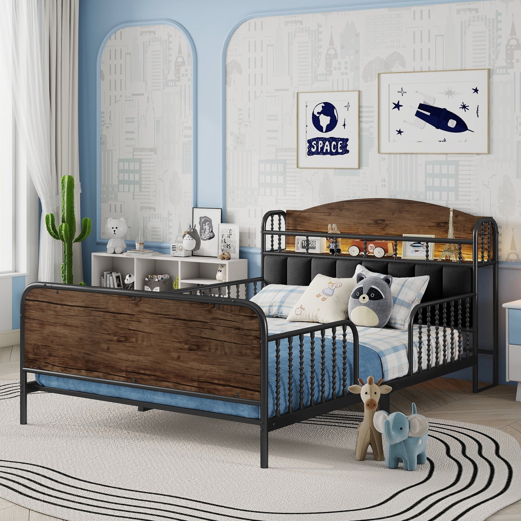 Euroco Metal Full Size Platform Bed with Upholstered Headboard, Storage Shelves and LED Light, Black