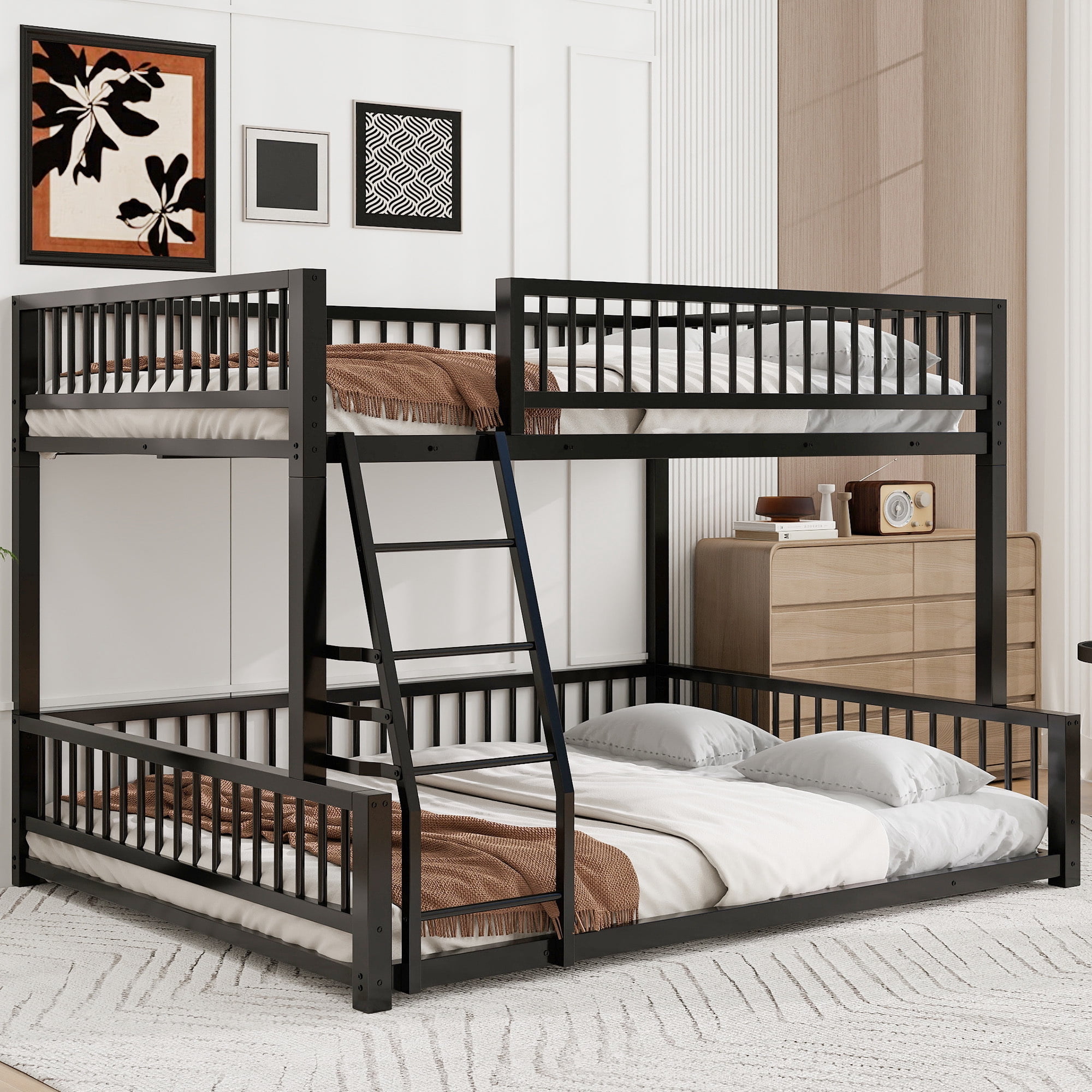 Euroco Metal Full XL over Queen Bunk Bed, Convertible Floor Bed with Ladder and Guardrails, Black