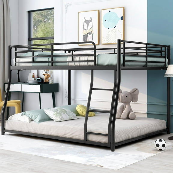 Euroco Metal Full XL over Queen Bunk Bed, Floor Bed with Ladder, Black