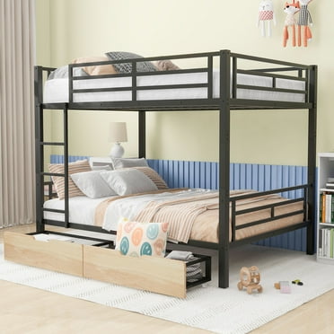 Euroco Metal Full over Full Bunk Bed with 2 Drawers for Kids, Convertible 2 Beds in One, Black