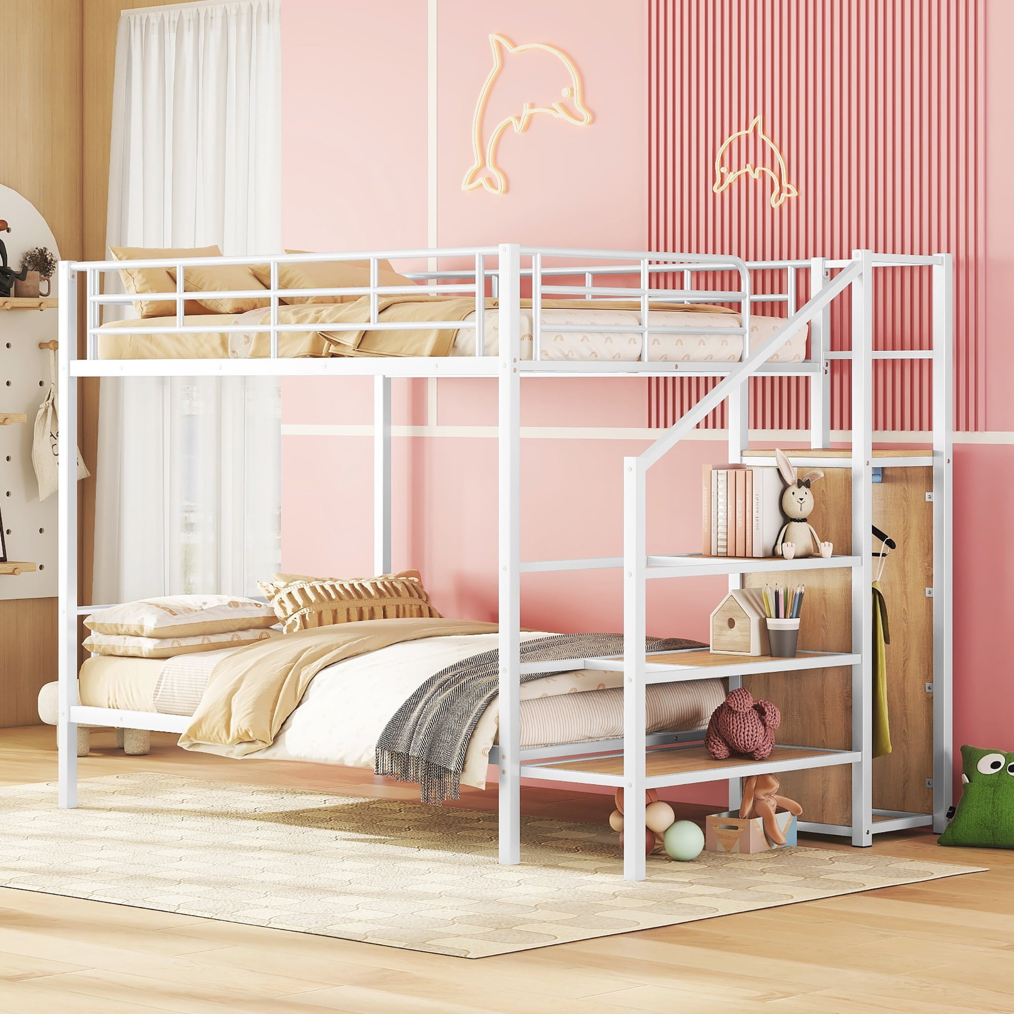 Euroco Metal Full over Full Bunk Bed with Staricase and Open Wardrobe, White