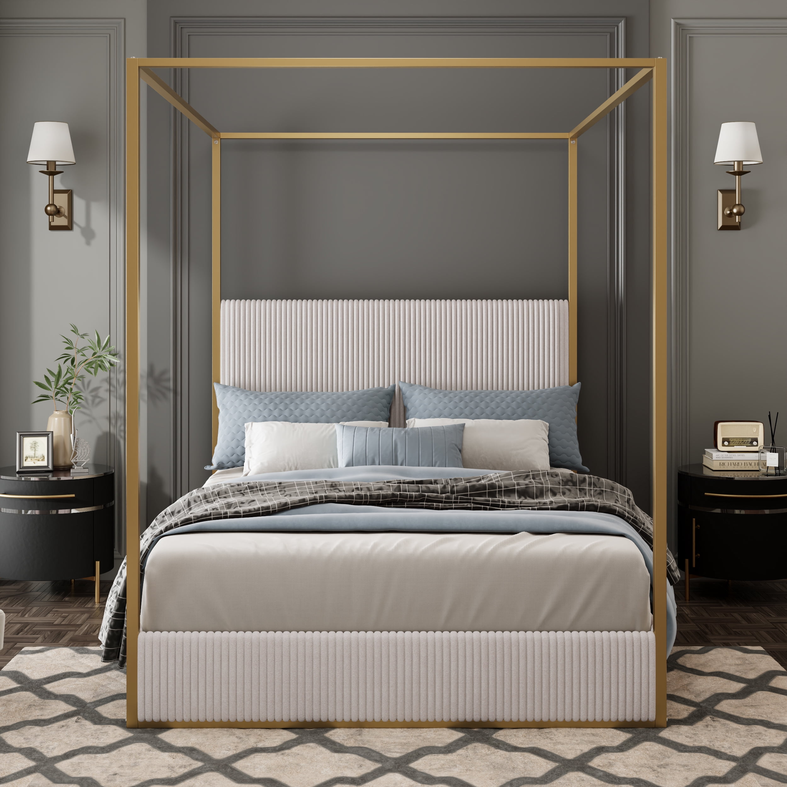 Euroco Metal King Size Canopy Bed, Modern Luxury Upholstery Headboard and Four Poster, Beige