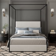 Euroco Metal King Size Canopy Bed, Modern Luxury Upholstery Headboard and Four Poster, White