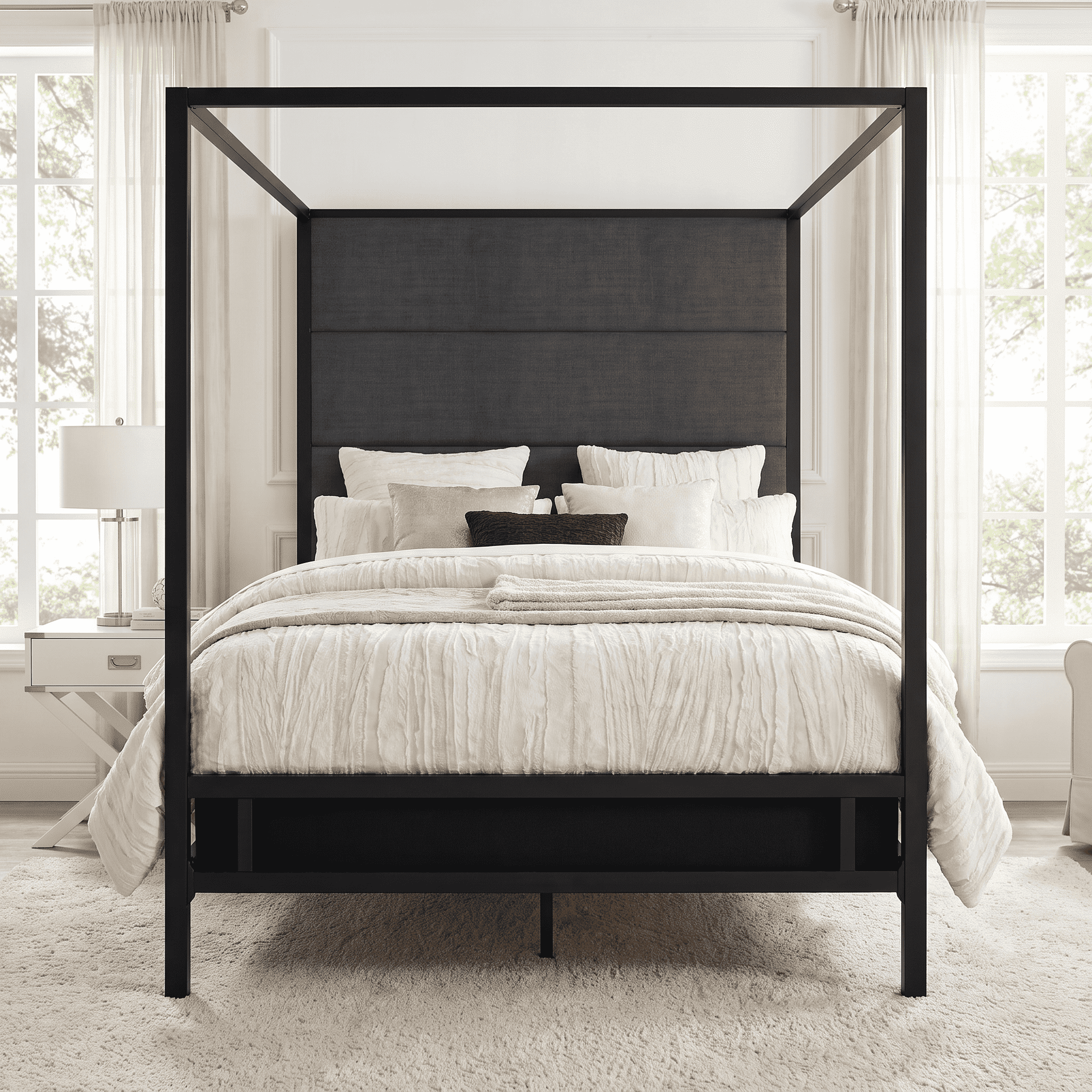 Euroco Metal King Size Canopy Bed with Linen Fabric Upholstered Headboard, 4-Poster Platform Bed, No Box Spring Needed, Black