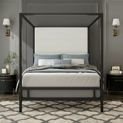 Euroco Metal King Size Canopy Bed with Upholstery Headboard, Black