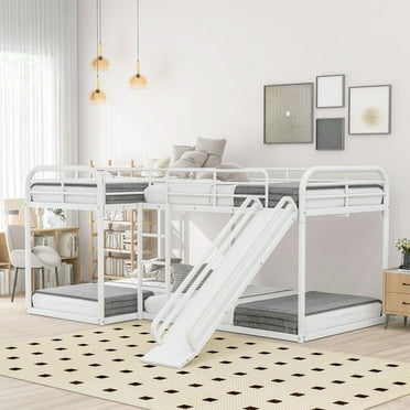 Euroco Metal L-Shaped Quadruple Bunk Bed with Slide, 2 Twin Beds and 2 Full Beds for Kids Bedroom, White