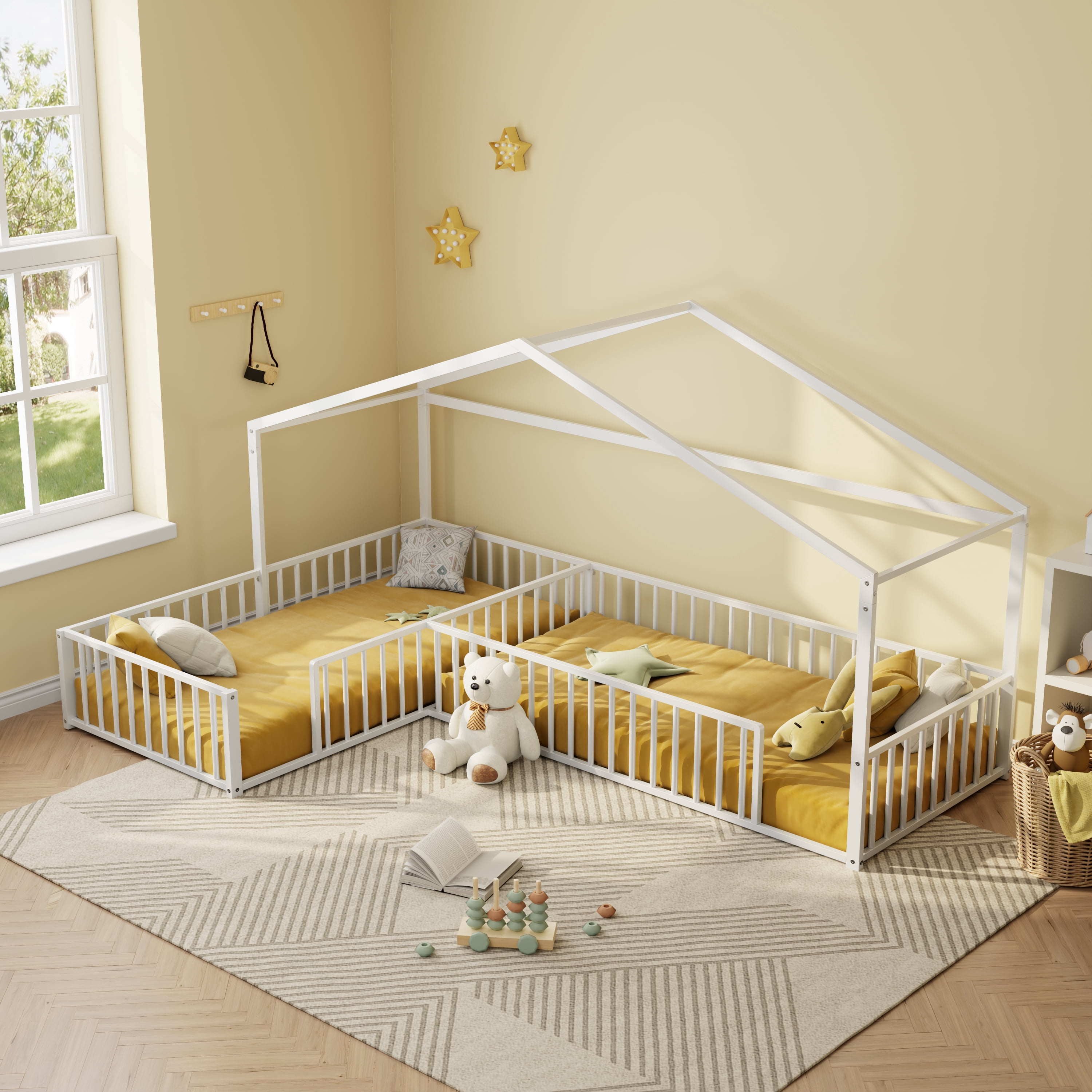 Euroco Metal L-Shaped Twin Size House Platform Bed, Double Montessori Bed with Fence, White