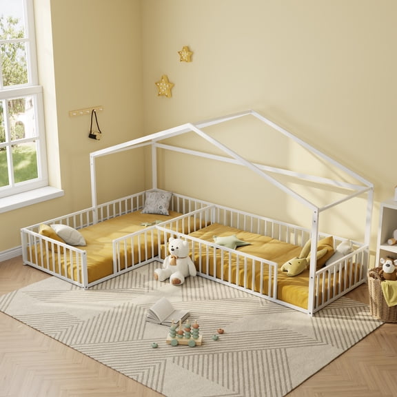 Euroco Metal L-Shaped Twin Size House Platform Bed, Double Montessori Bed with Fence, White