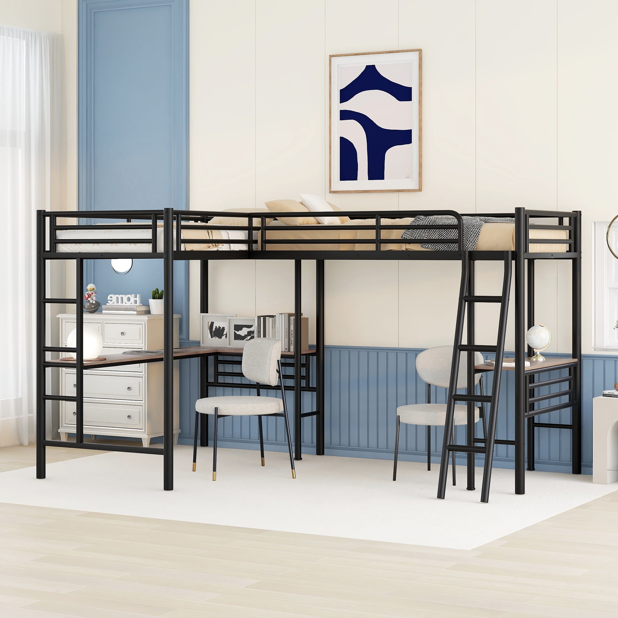 Euroco Metal LShaped Twin Size Loft Bed with Two Desk for Kids Bedroom