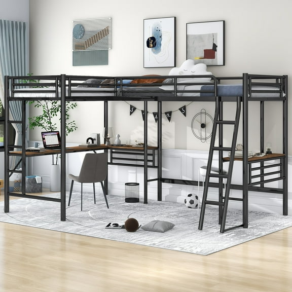 Euroco Metal L-Shaped Twin Size Loft Bed with Two Desk for Kids Teens Bedroom, Black