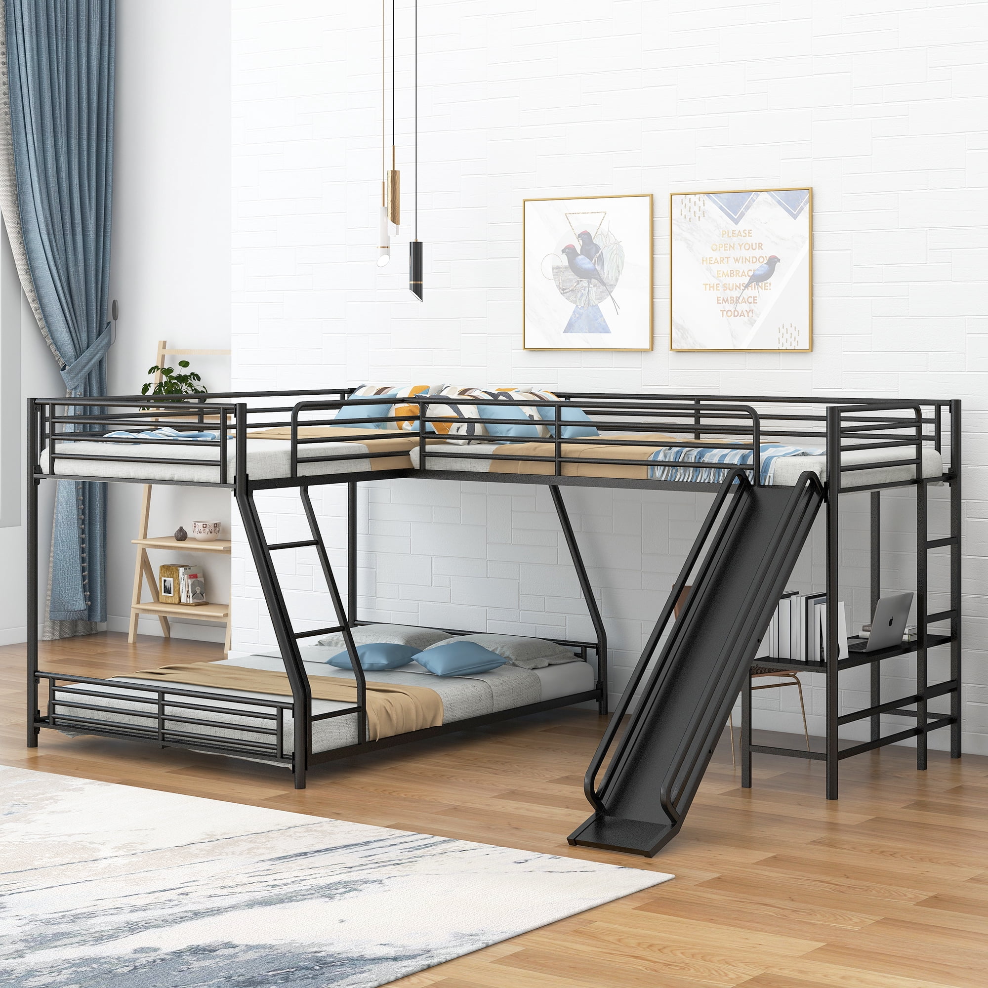 Euroco Metal L-Shaped Twin over Full Bunk and Twin Loft Bed with Desk and Slide for Kids Teens Adults, 3 Beds in 1, Black