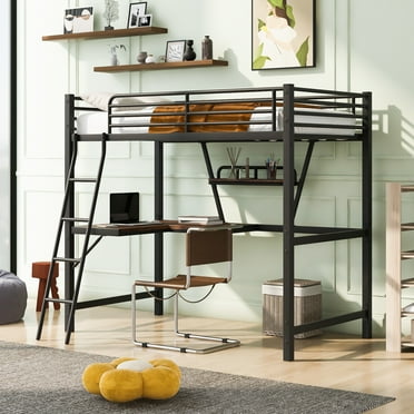 Euroco Metal Loft Bed with Desk and Shelf for Kids, Black