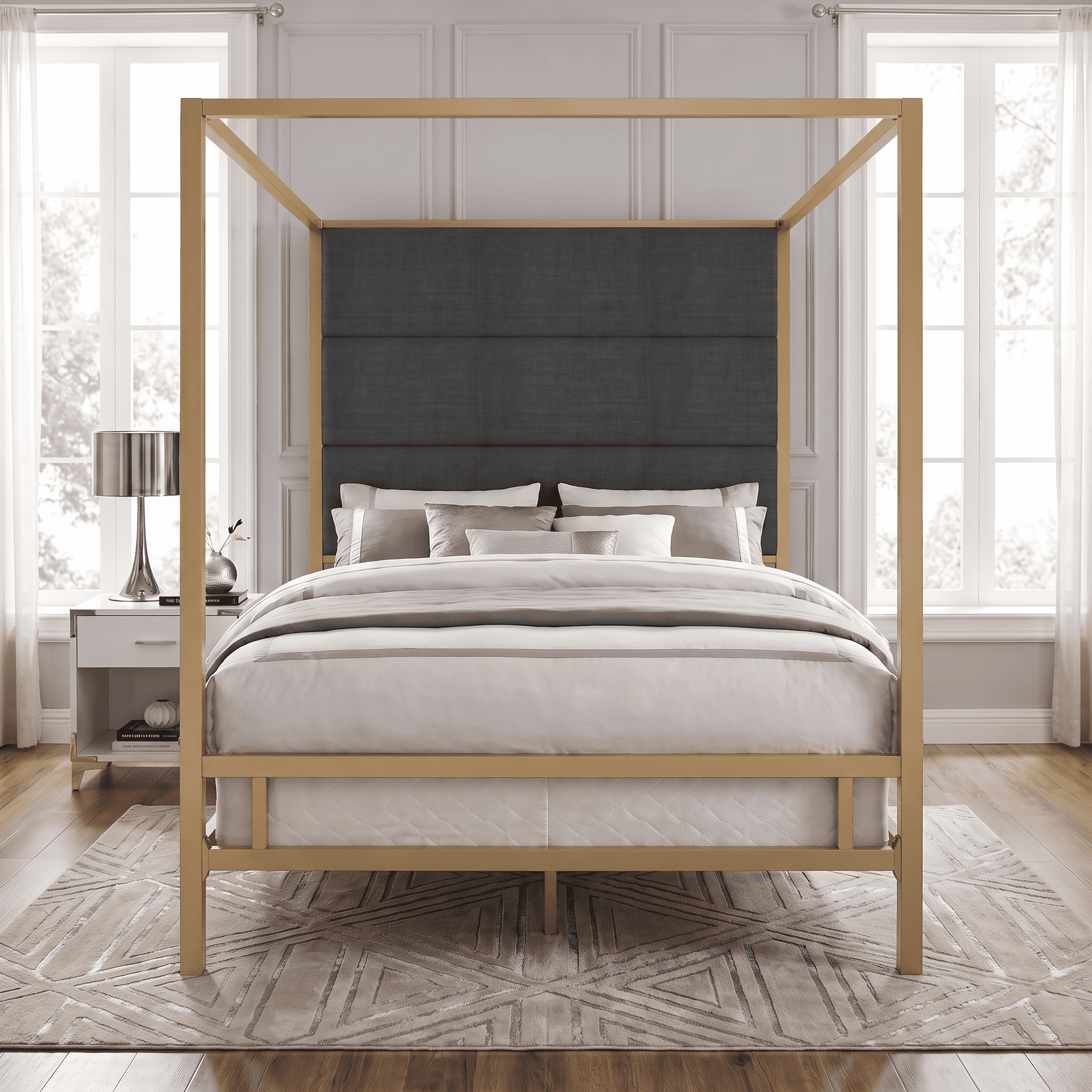 Euroco Metal Queen Size Canopy Bed with Linen Fabric Upholstered Headboard, 4-Poster Platform Bed, No Box Spring Needed, Gold