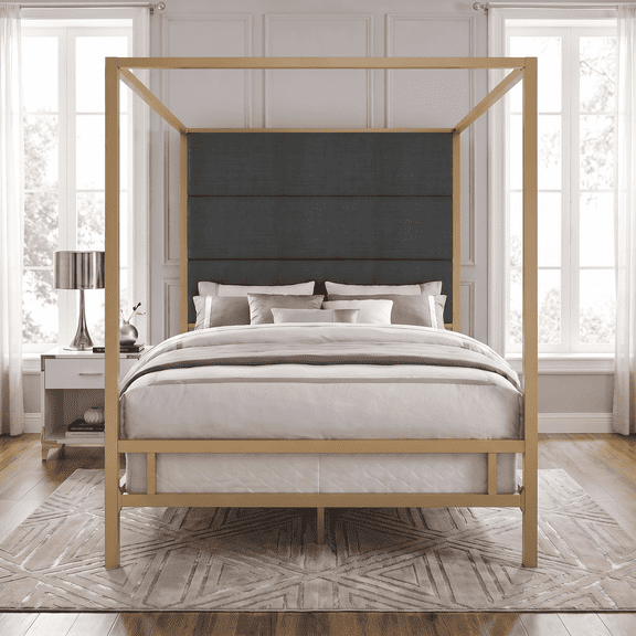 Euroco Metal Queen Size Canopy Bed with Linen Fabric Upholstered Headboard, 4-Poster Platform Bed, No Box Spring Needed, Gold
