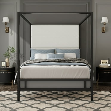 Euroco Metal Queen Size Canopy Bed with Upholstery Headboard, Black