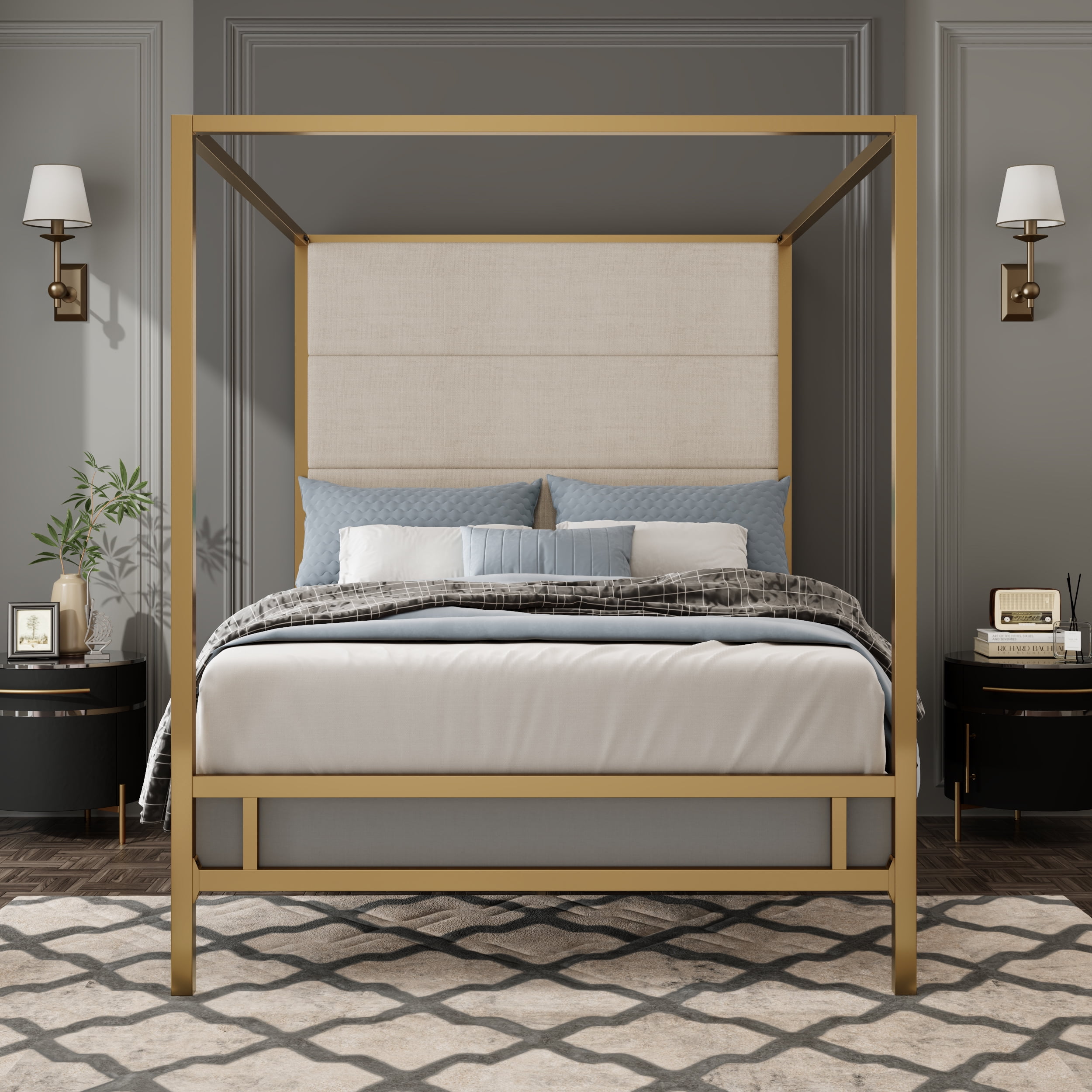 Euroco Cama con Dosel de Metal Tamaño Queen con Cabecera Tapizada, Dorado