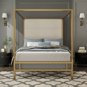 Euroco Metal Queen Size Canopy Bed with Upholstery Headboard, Gold