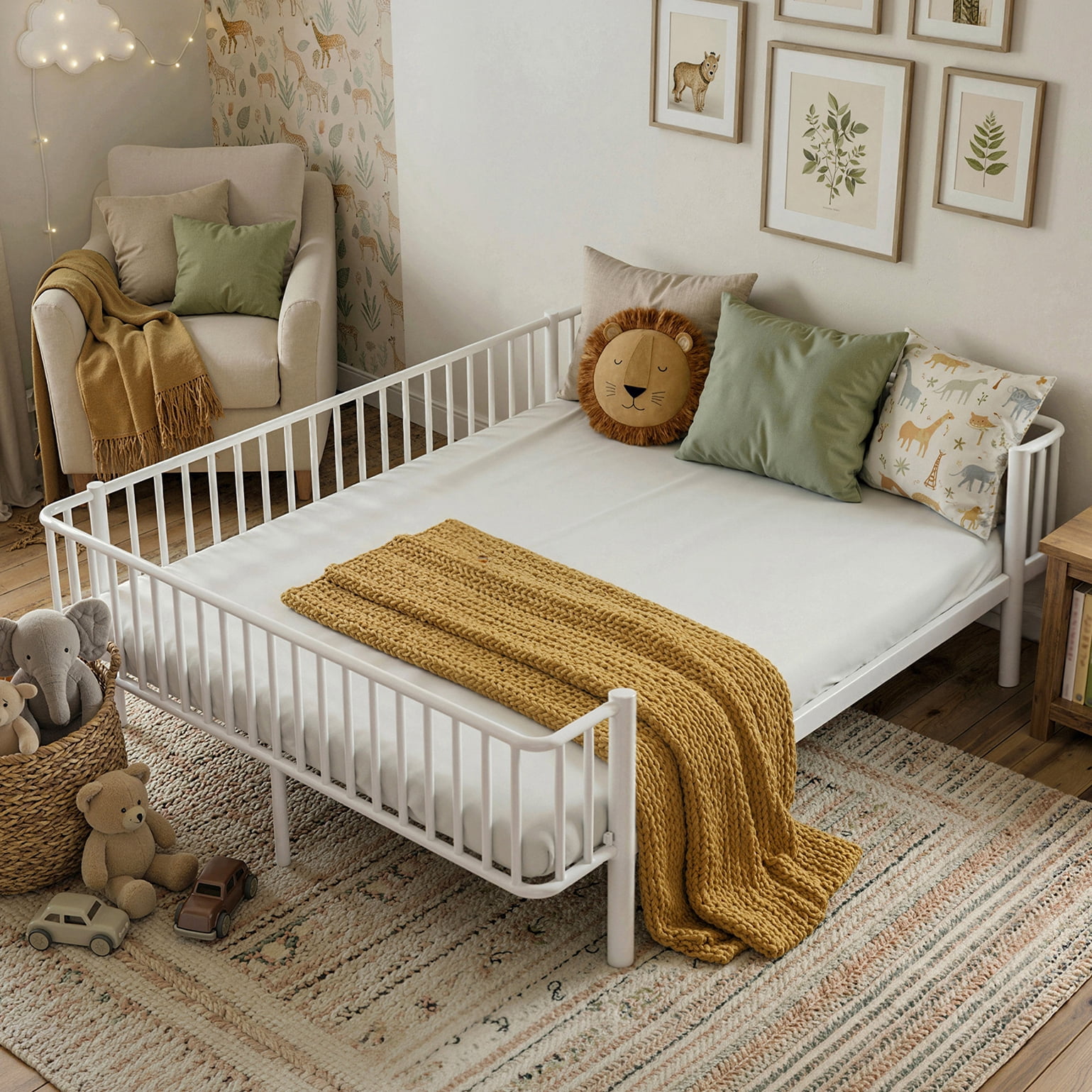 Euroco Metal Queen Size Daybed, Sturdy Metal Sofa Bed with Guardrails, No Box Spring Needed, White